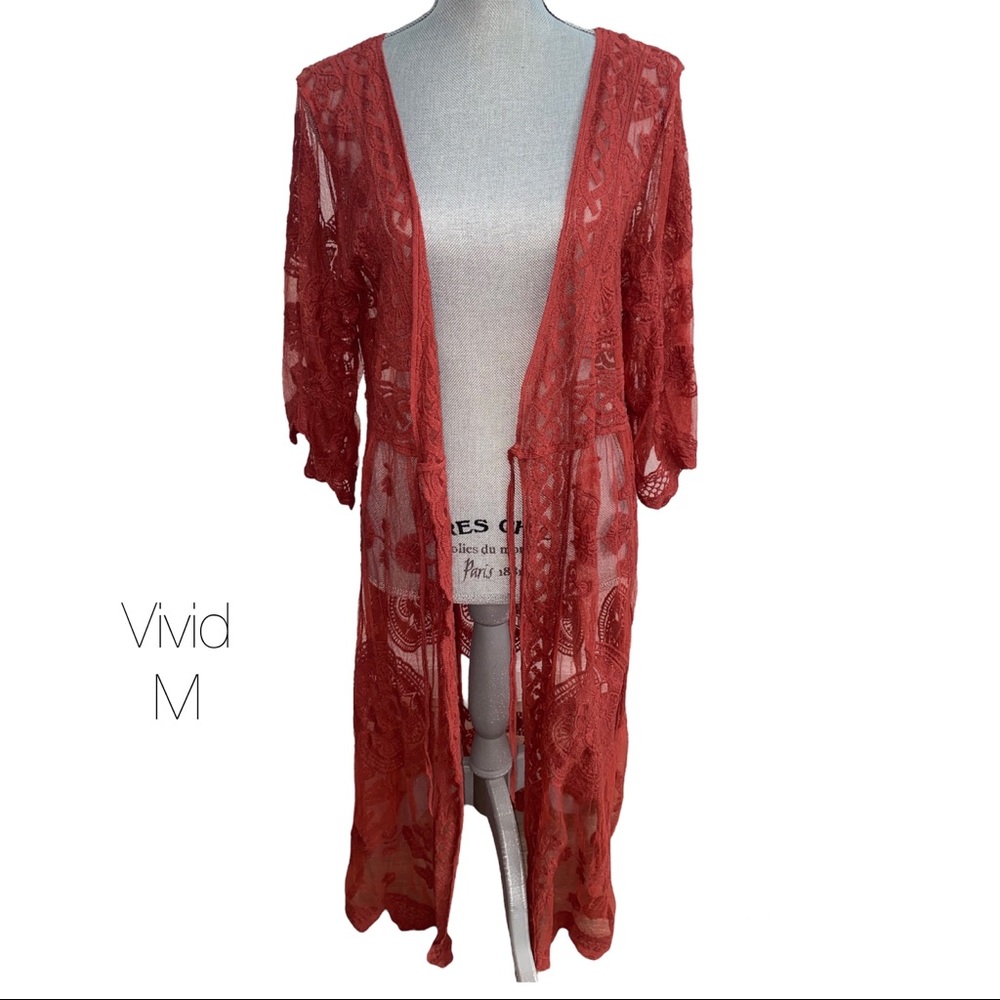 Vivid Rust Lace Boho Kimono Cardigan Medium